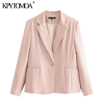 KPYTOMOA Women 2020 Fashion Office Wear Single Button Blazer Coat Vintage Long Sleeve Pockets Female Outerwear Chic Tops