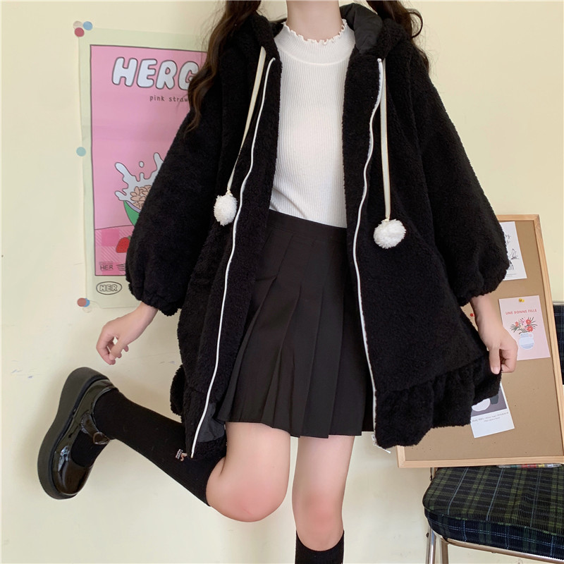 Japanese Style Autumn Winter Women Sweet Warm Jacket Kawaii Soft Lambswool Ruffles Rabbit Ears Hooded Coats Girls Parkas Outwear