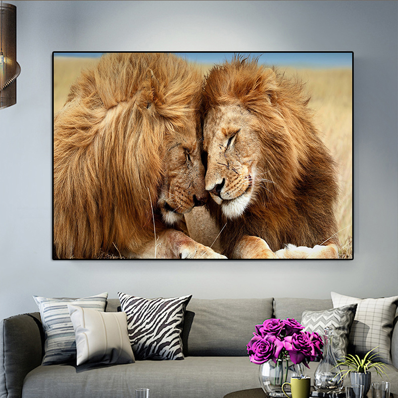 Two Lion Wild Animals Landscape Oil Painting on Canvas Posters and Prints Wall Art Picture for Living Room Cuadros Home Decor