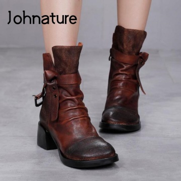 Johnature Women Boots Genuine Leather 2020 New Winter Zip Round Toe Women Shoes Sewing Handmade Retro Ankle Platform Boots