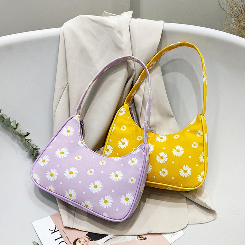 Classic Texture Fashion Flower Daisy Women Handbag Portable Creative Design Chic Nylon Underarm Shoulder Tote Baguette Bags