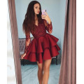 Burgundy V-Neck A-Line Short Cocktail Dresses Appliques Bead Full Sleeves Formal Party Dress Satin Tiered Sepcial Occasion Gowns