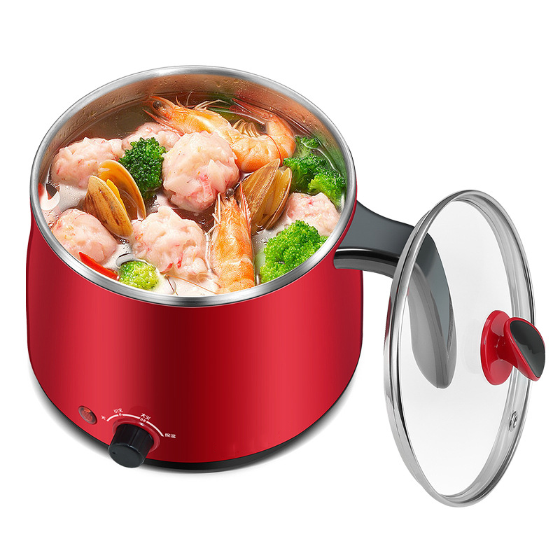 Electric Skillet Stainless Steel Household Safe Pot Cooking Boil Stew Pot 1.5L Capacity Red Color 220V Insulate Electric Caldron