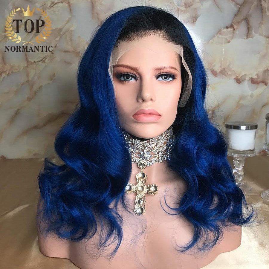 Topnormantic Lace Front Human Hair Wigs For Women Ombre Blue Color Body Wave Wig Brazilian Remy Hair With Pre Plucked Hairline