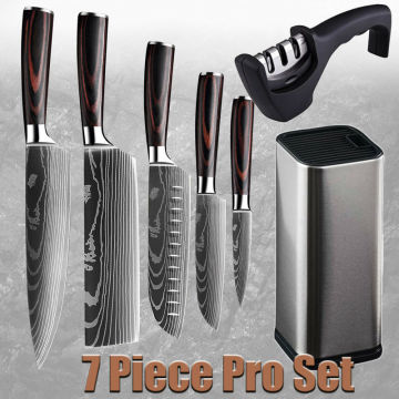 7pcs/set Kitchen Knife Set Japanese Damascus Pattern Chef's Knife with Accessory Knife Holder Knife Sharpener Kitchen Tools