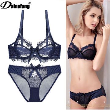 Bras Set Push Up Sexy Lace Transparent Dress Large Size Lingerie Womens Embroidery Ultra Thin Underwear Bra and Panty Sets