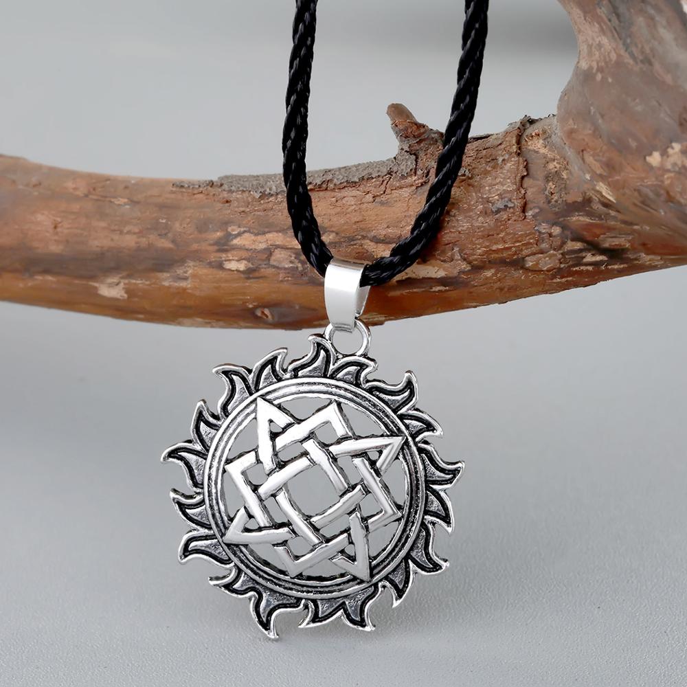 QIAMNI Retro Alatyr Star Slavic Amulet Necklace Rope Chain Svarog Square Pendant Norse Talisman Pagan Necklace Viking Jewelry