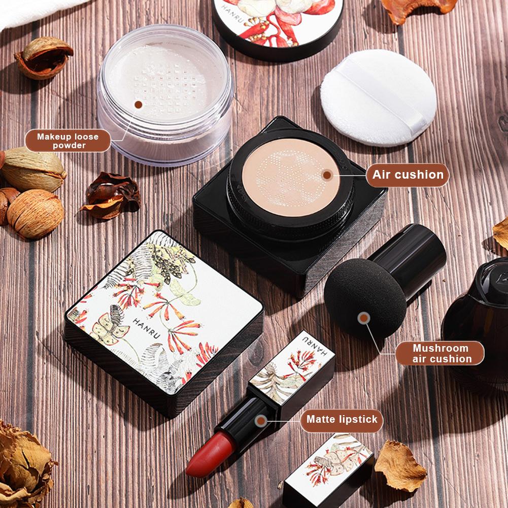 Mushroom Air Cushion BB Cream Makeup Cover Concealer Powder Even Skin Color Lipstick Makeup Set Box Cosmetic Foundation Set