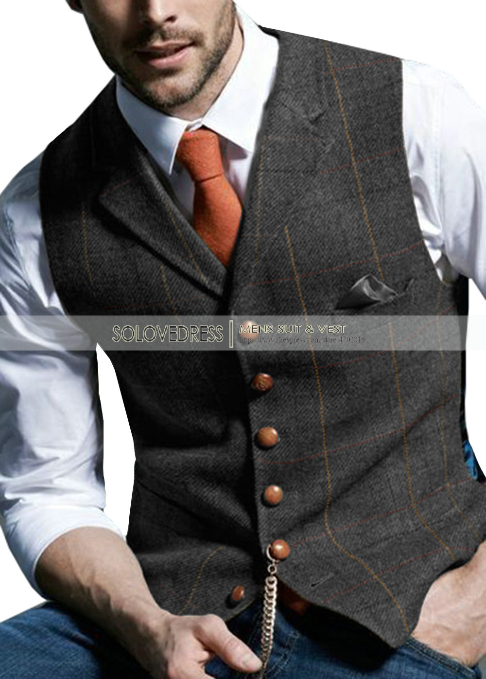 Mens Suit Vest Notched Plaid Wool Herringbone Tweed Waistcoat Casual Formal Business Groomman For Wedding Green/Brown/Green/Grey