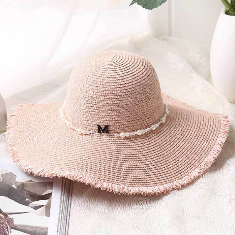summer new M letter Flower Beads Seaeside sun hats for women summer large brimmed straw hat folding beach girls sun hats