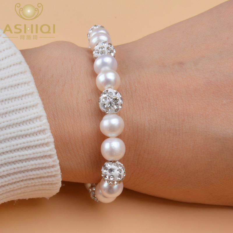 ASHIQI Genuine Natural Freshwater Pearl Bracelets Bangles For Women with White Clay Zircon Ball Elasticity Jewelry Gift