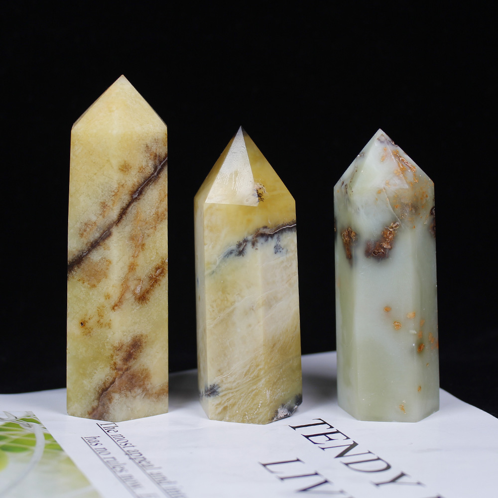 Natural CrystalBlack water grass green mountain jade Point Healing Stone Hexagonal PrismsObelisk Wand Treatment Stone DIY Gift