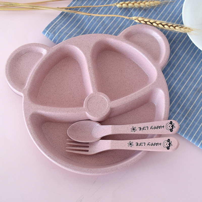 1 Set Baby Bowl+spoon+fork Feeding Dishes Tableware Cartoon Bear Kids Dishes Anti-hot Wheat Straw Eating Dinnerware Baby Plate