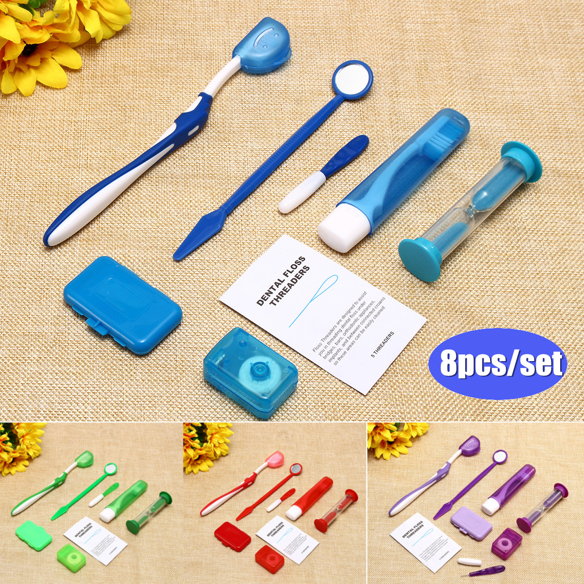 4 Colors Dental Teeth Orthodontic Kits 8Pcs/Set Oral Cleaning Care Whitening Tool Suit Interdental Brush Floss Thread Wax Mirror