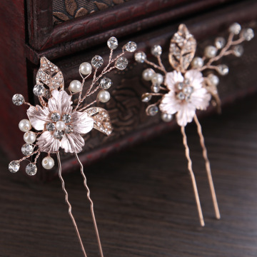 1PC Rose Gold Crystal Pearl Flower Bridal Hair Pin Tiara Wedding Bridal Hair Accessories Hair Stick Headpiece Women Hair Jewelry