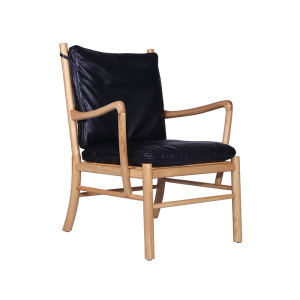 Wood Dining Chair with Black Leather Seat