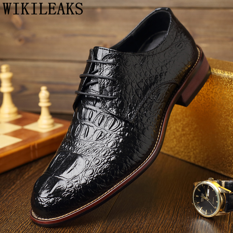 Genuine Leather Mens Dress Shoes Oxford Shoes For Men Formal Wedding Shoes Luxury Brand Business Crocodile Shoes Sapato Social