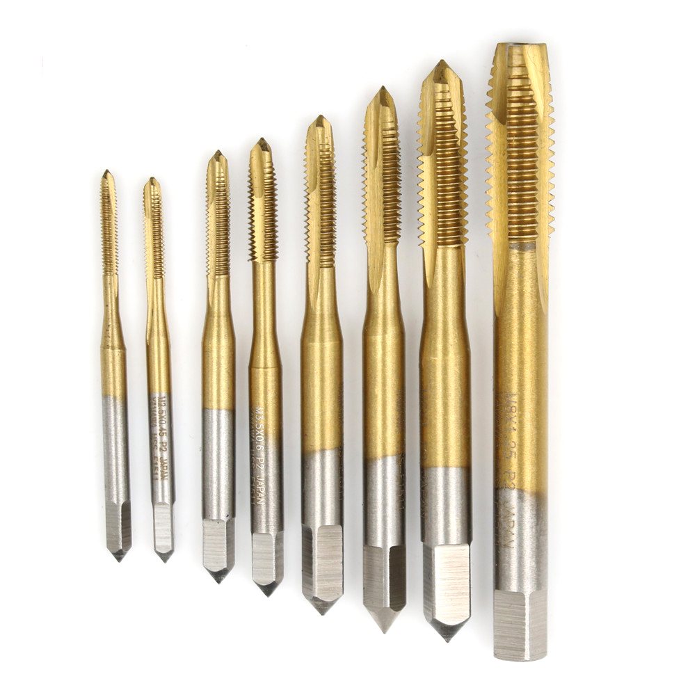 HSS Titanium Machine Right Hand Tap Drill 3 Flute M2 M2.5 M3 M3.5 M4 M5 M6 M8 Spiral Point Thread Plug Handle Taps Die Set