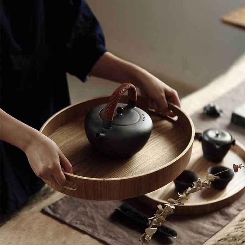 Round Serving Bamboo Wooden Tray for Dinner Trays Tea Bar Breakfast Food Container Handle Storage Tray