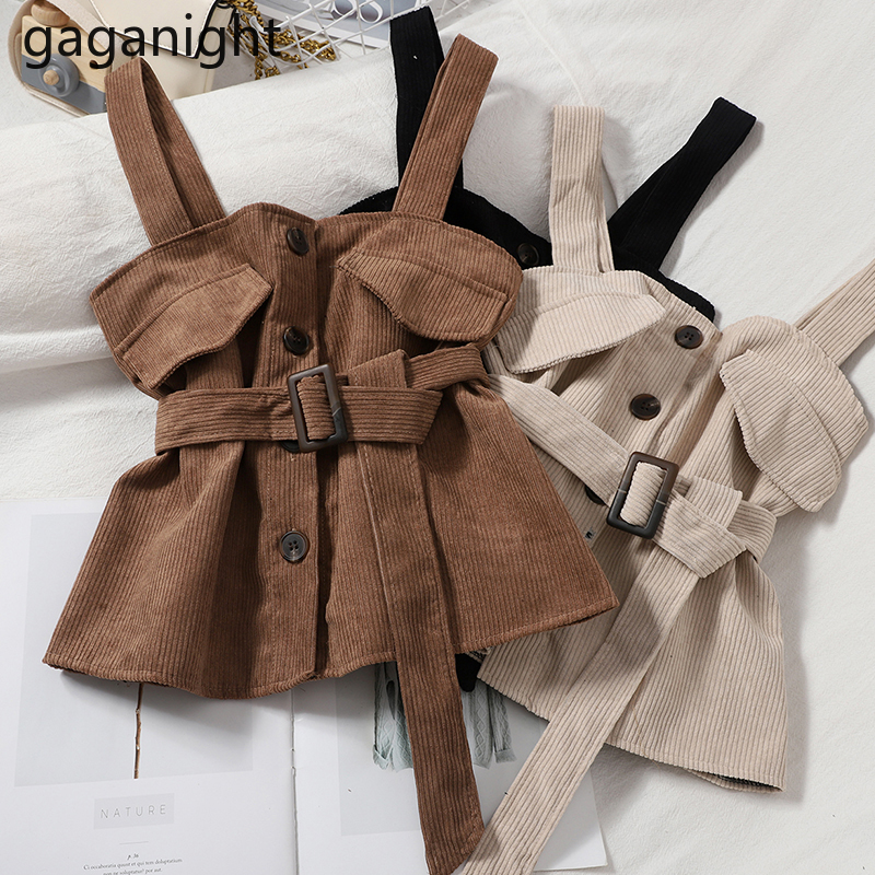 Gaganight Solid Women Corduroy Outwear Vest Sleeveless Tops with Belt Autumn Winter Fashion Office Lady Vintage Tank Camis Chic