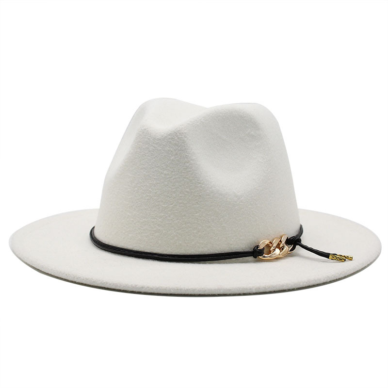 Men Women White Fedora Hat Wide Brim Wool Felt Panama Hats With Belt Buckle Jazz Trilby Cap Black/white Formal Cap Chapeau Femme