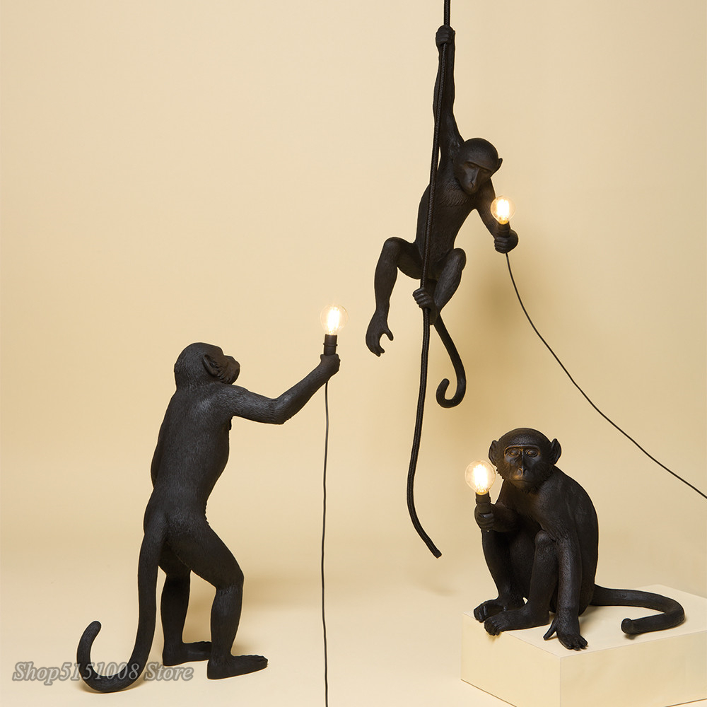 SELETTI Modern Black Monkey Lamp Hemp Rope Pendant Lights American Country Resin Loft Industrial Hanging Luminaire Home Decor