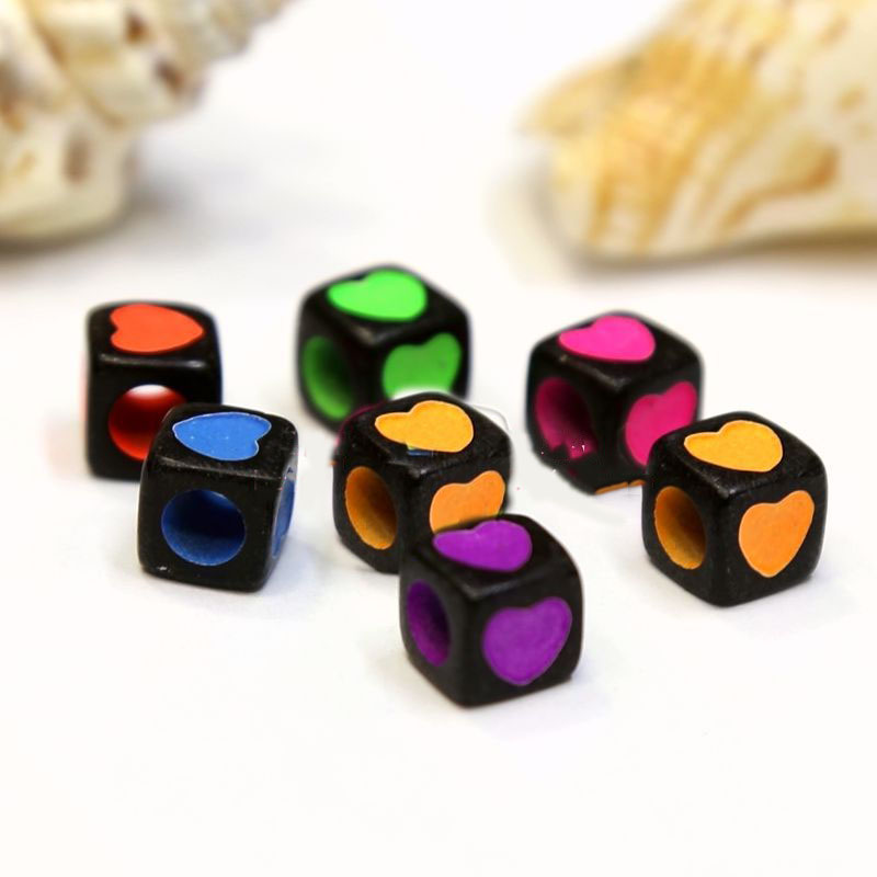7*7mm Black Blank with Neon Colors Heart Printing Cube Acrylic Beads 1900pcs DIY Jewelry Findings Plastic Square Lucite Spacers