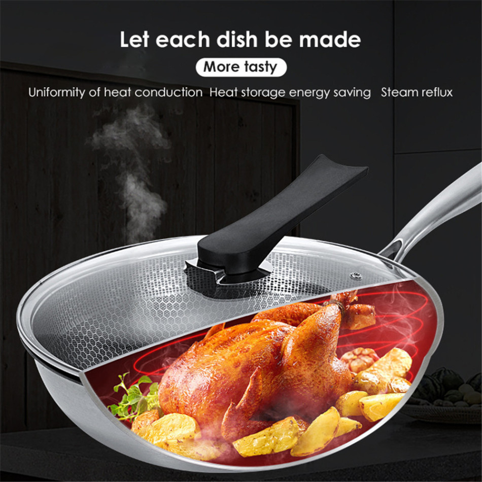 Stainless Steel Wok Non-stick Pan Full Screen Honeycomb Design No Lampblack No Coating Frying Pan Kitchen Tools Kitchenware New