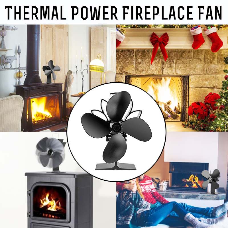 Black 4 Blades Heat Powered Stove Fan Log Wood Burner Ecofan Quiet Home Fireplace Fan Efficient Heat Distribution Fireplace Fan