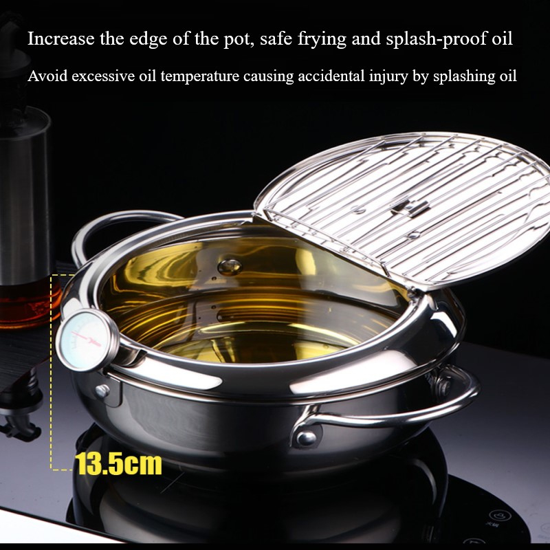 Kitchen Deep Frying Pot With Thermometre Tempura Fryer Pan Temperature Control Fried Chicken Pot Cooking Utensils Cooking Tools