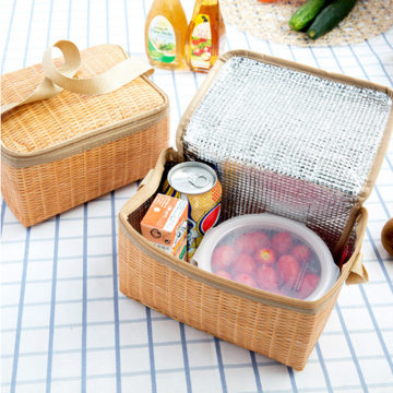 Hot Sale Portable Plastic Thermal Lunch Tote Bag Imitation Rattan Lunch Storage Bag Cooler Bag Insulated Lunch Box Picnic Bag