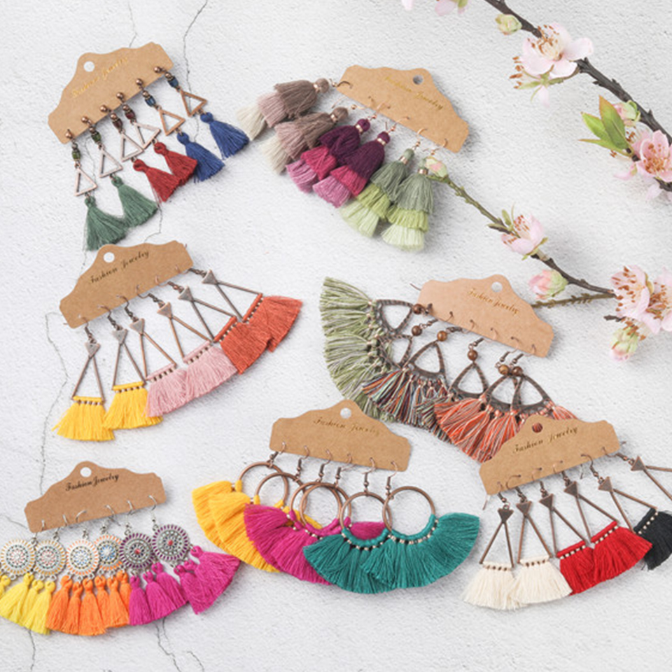 Bohemia Big Tassel Earring Sets Vintage Ethnic Bright Colors Long Fringe Earrings Set for Women Girl Statement Jewelry Gifts
