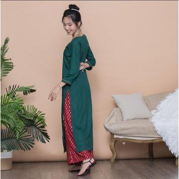 Woman Fashion Ethnic Styles Retro Sets Cotton Embroidery India Kurtas Three Quarter Sleeves Long Thin Top Pants