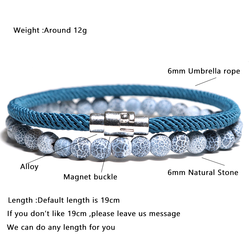 Unique 2pcs/set Bracelet Men Natural Lava Onyx Stone Bracelet Homme Umbrella Rope Magnet Braslet Accessories Matching Braclet