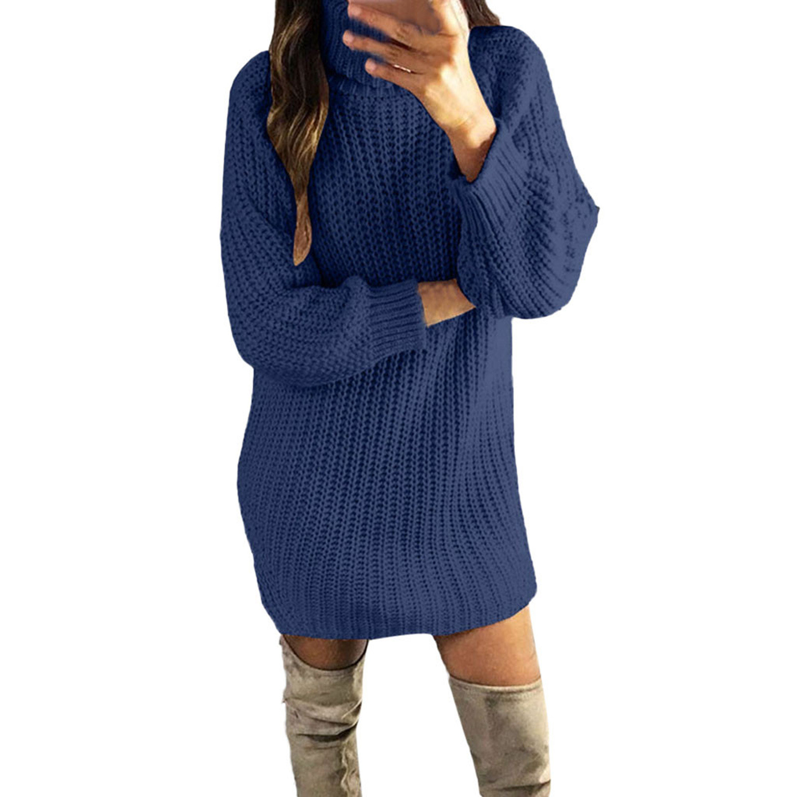 Dresses For Women Fashion Women Solid Turtle Neck Winter Autume Warm Knit Sweater Long Top Dress Ropa Mujer American Clothing