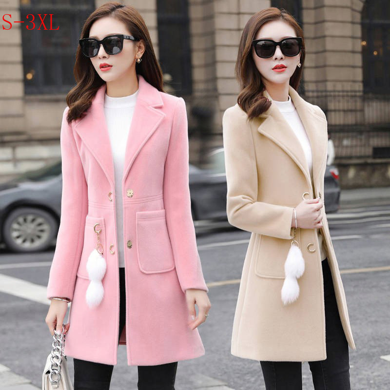 Women Winter Korean Style Pink Long Wool Blend Trench Coat 2020 Autumn Spring Ladies Fashion Windbreaker Clothes Plus Size 3XL