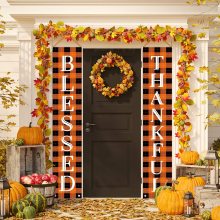 Thanksgiving Porch Sign Blessed Thankful Check Plaid Banners Front Door Hanging Sign for Home Decoration 30*180 cm