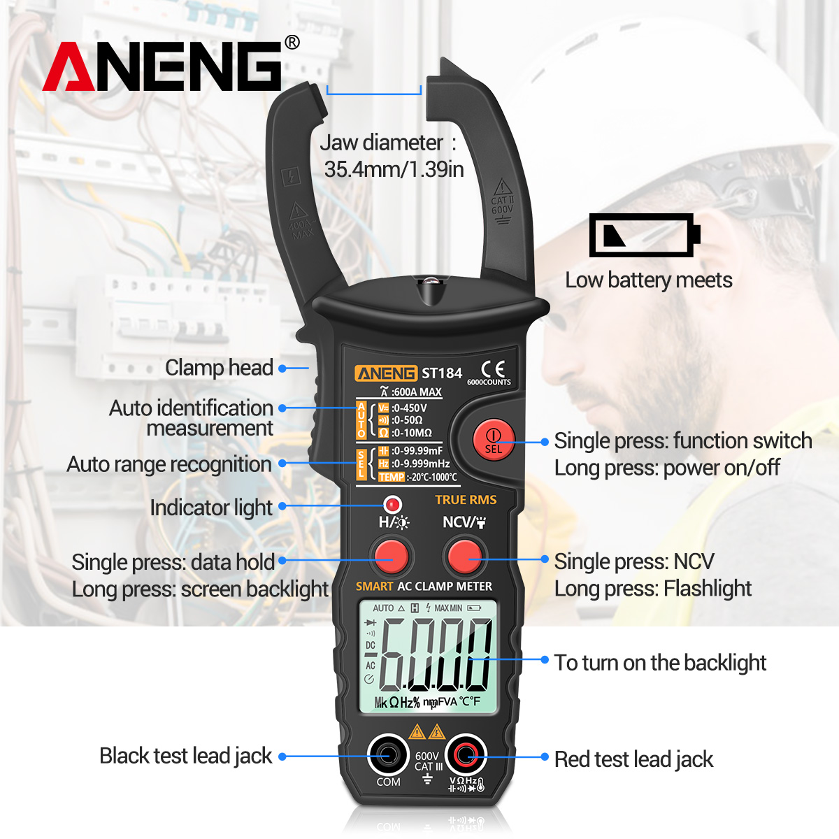ANENG True RMS Digital Multimeter Clamp Meter DC/AC Voltage Detector AC Amp Meter with Ohm Capacitance NCV Continuity Tester