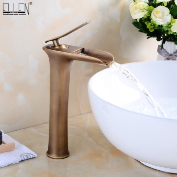 Waterfall Tall Bathroom Sink Faucet Solid Copper Hot and Cold Water Mixer Antique Bronze Black Basin Faucet ELF8900