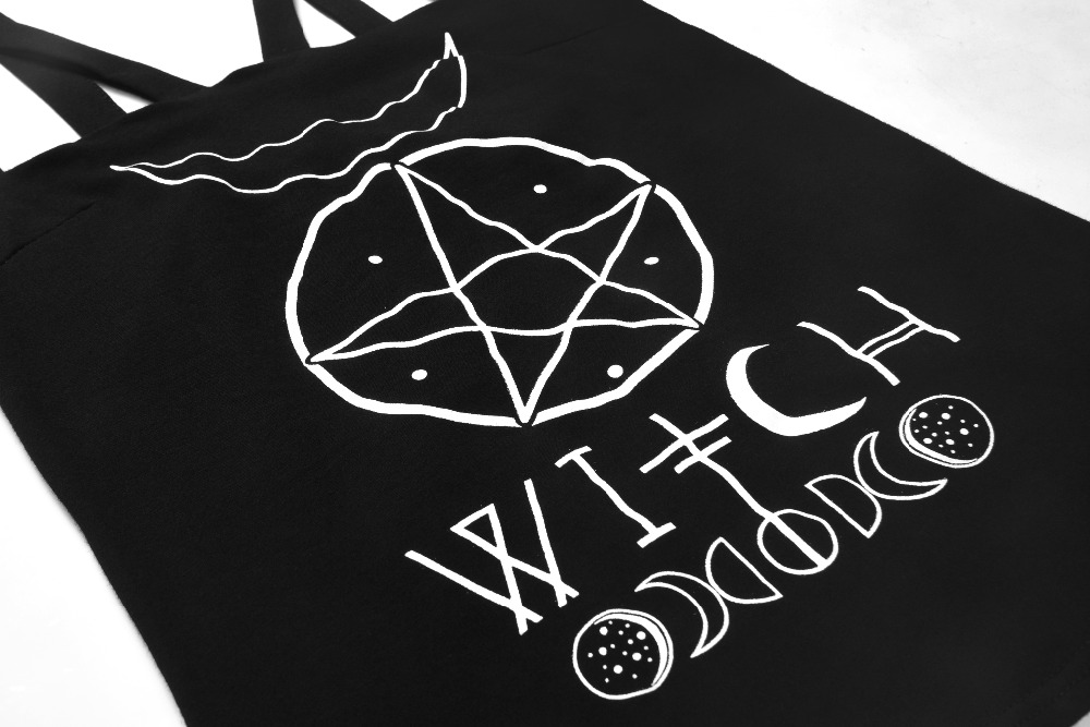 Gothic Girl Black Strappy Cotton Tank Top Letter WITCH Gothic Symbol Moon Pentagram Print Backless Feminino Sexy Camis Black