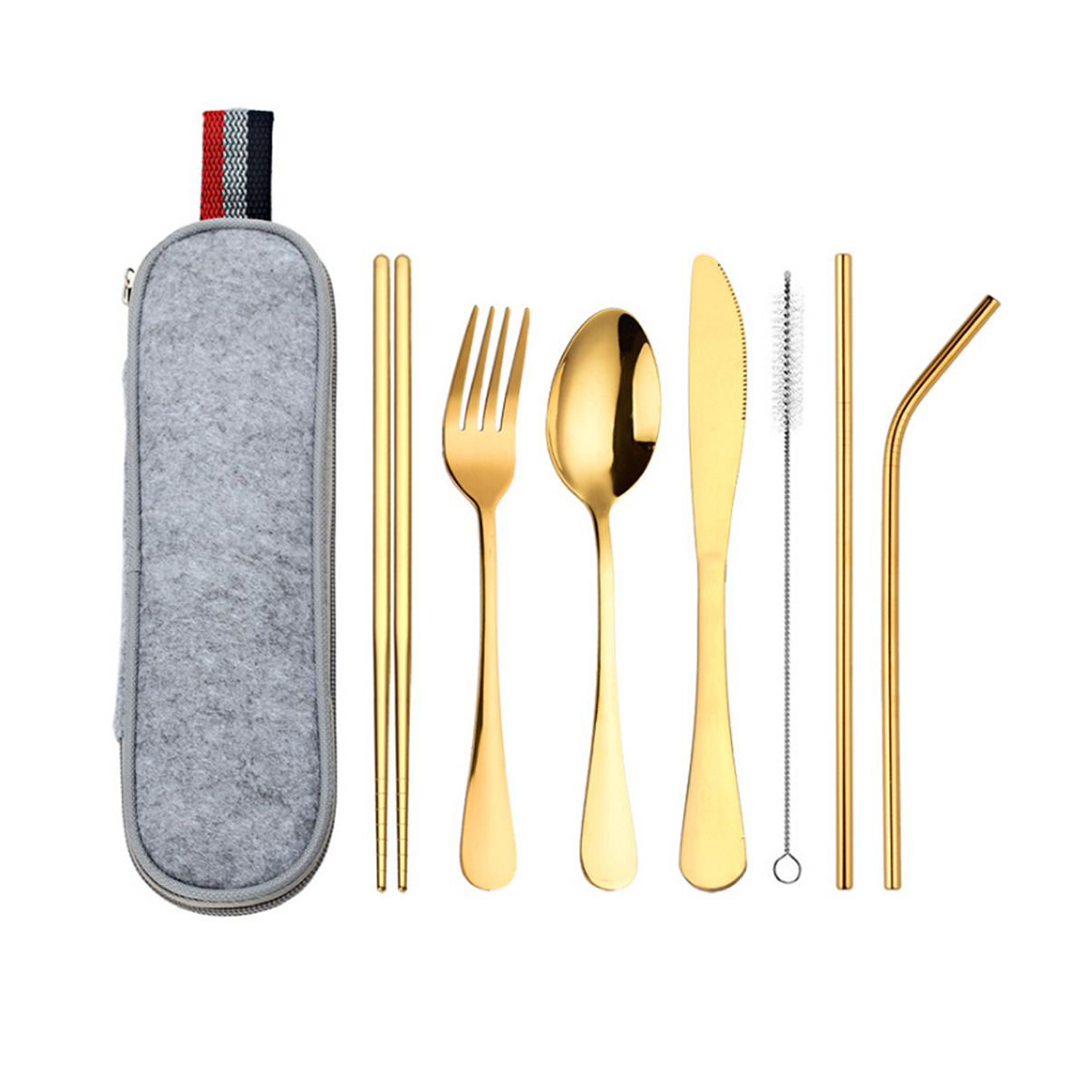 8PCS Stainless Steel Dinnerware Set Reusable Knife Fork Spoon Chopstick Cutlery Set Travel Outdoor Picnic Portable Tableware Bag