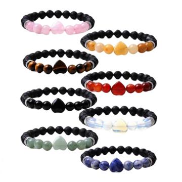 Natural Black Lava Stone Heart with 8MM Round Gemstone Stretch Elastic Bracelet for Men Women Crystal Round Beads Bracelet