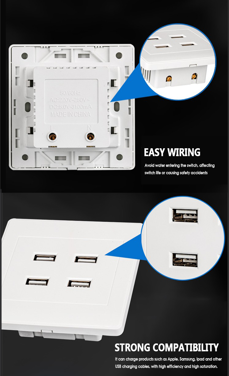 4 Port USB Wall Charger Plate Coupler Outlet Power Socket Plug Panel DC 5V Plug Socket Power Outlets Charging Adapter TXTB1