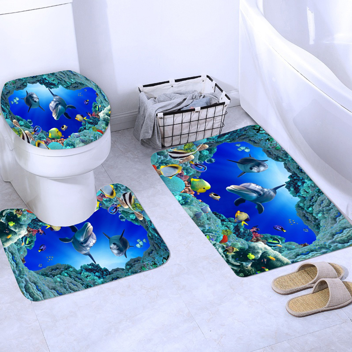 3D Ocean Design Dolphin Waterproof Fabric Bathroom Curtain Shower Curtains Set Anti-skid Rugs Toilet Lid Cover Bath Mat