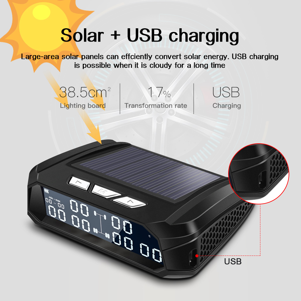 Universal For Truck Car Tire Pressure Monitoring System TPMS USB Solar Charge External Sensor Tyre Temperature Alarm Monitor