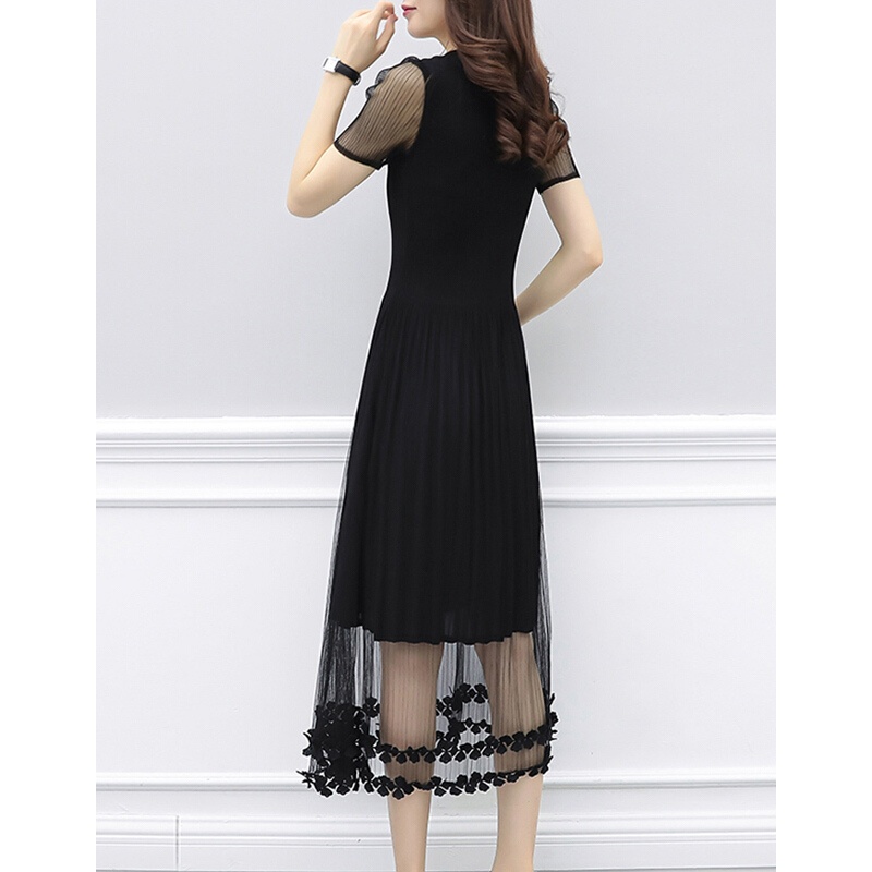 Summer Short Sleeve Knee-length A-line O-neck Chiffon Fake Two-piece Suit Floral Elegant Plus Size Black Cocktail Dresses 939