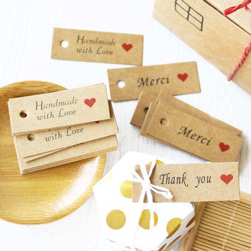 100pcs/lot Kraft Paper Tags Handmade with Love Hang Tags Garment Tags for Candy Gift Display Packing Label Card