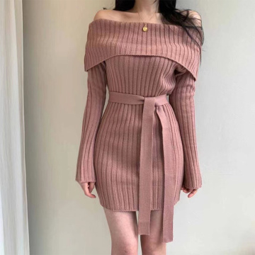 Off Shoulder Long Sleeve Sashes Women Mini Dress Knitted Ribbed Fold Slash Neck Korea Chic Sexy Woman Dresses 2021 New Vestidos