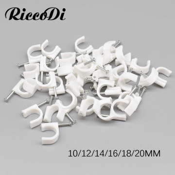 20-50pcs PE Plastic 10/12/14/16/18/20mm Circle Cable Clip C Shaped High Carbon Steel Nails Cable clips Wire Wall holder
