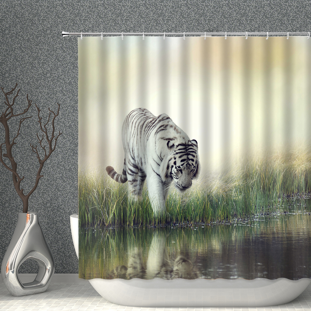 Wild Animal Shower Curtain Set White Tiger Spring Waterproof Cloth Bathroom Curtains With Hooks Multisize Bath Screen Home Decor